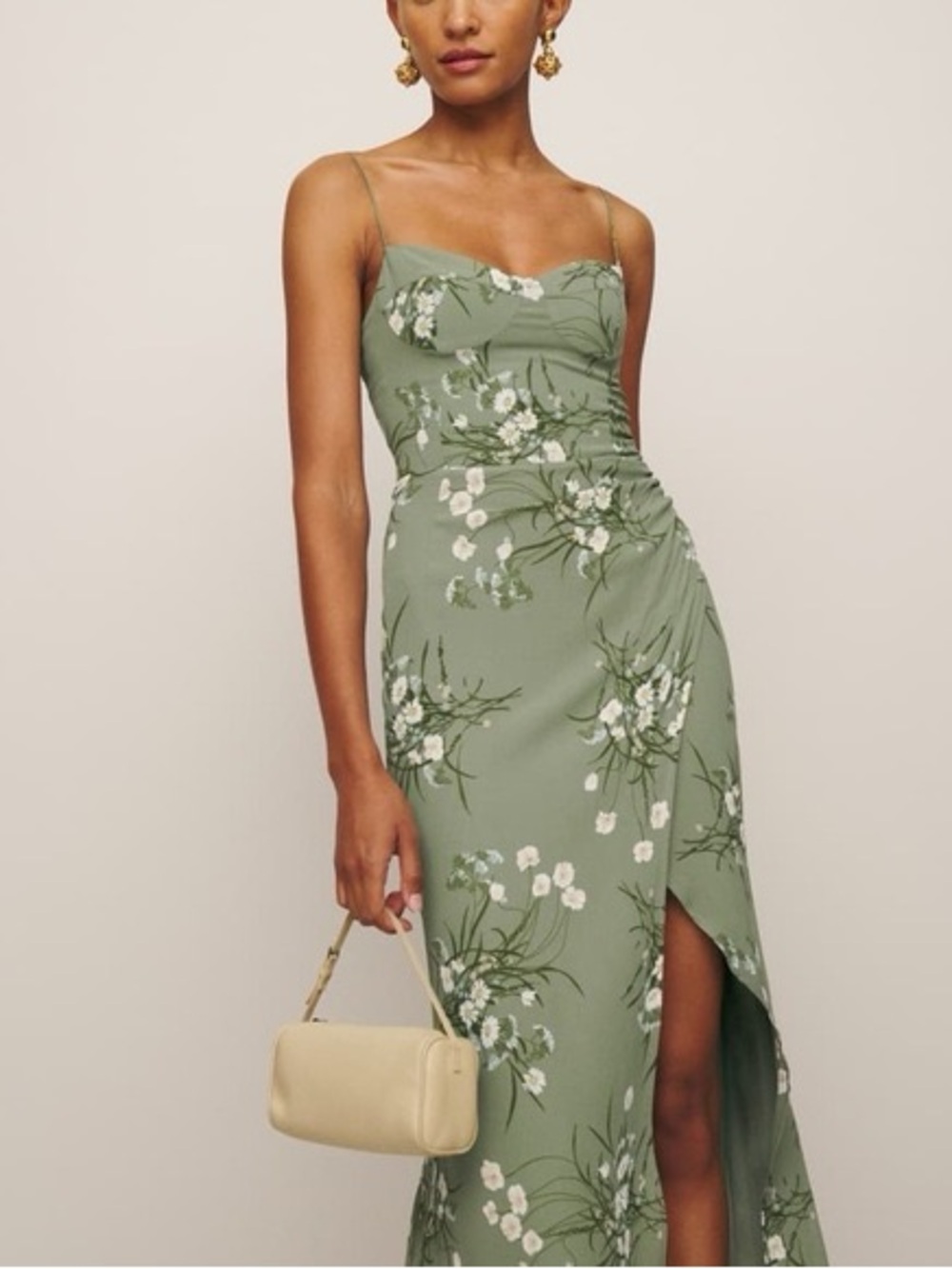 Reformation Sage Green One-Shoulder Floral Maxi Dress